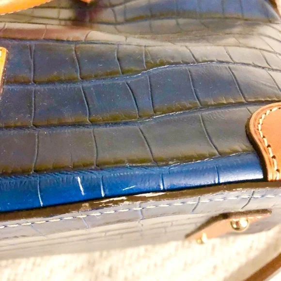 Dooney & Bourke Navy Croc Embossed Satchel with Tan Trim - Picture 13 of 16